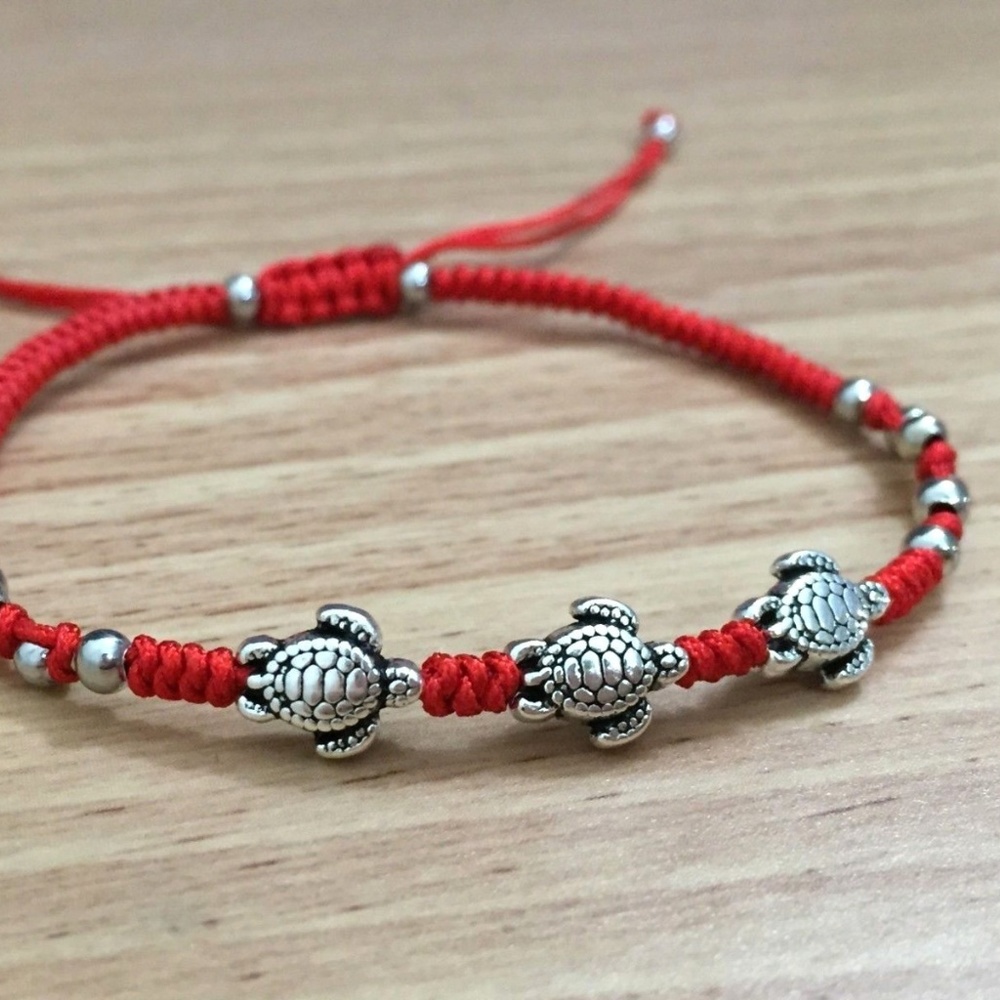 Braided Silver Turtle Lucky Red String Bracelet